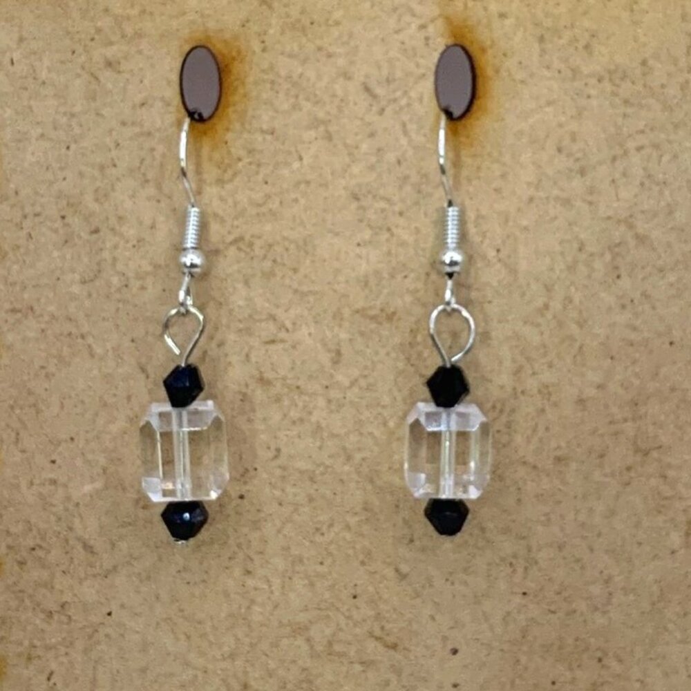 Minimalist Small Black & Clear Crystal Bead Handmade Pierced Earrings LA122